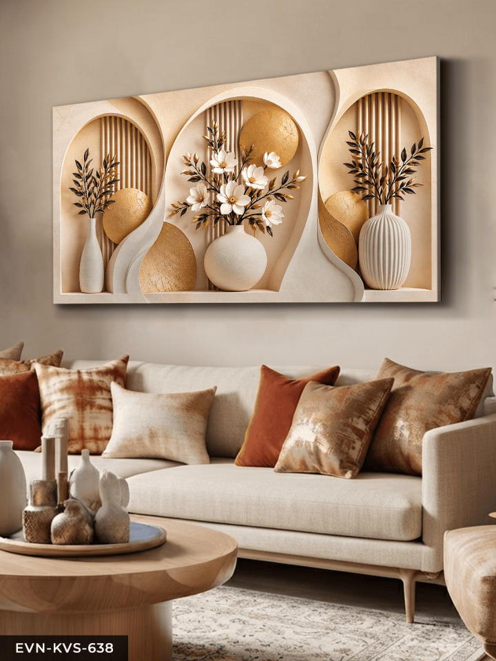 Gold Daireler ve Vazoda Beyaz Çiçek Tek Parça Kanvas - Canvas Tablo