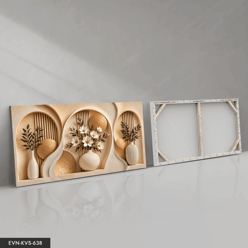 Gold Daireler ve Vazoda Beyaz Çiçek Tek Parça Kanvas - Canvas Tablo