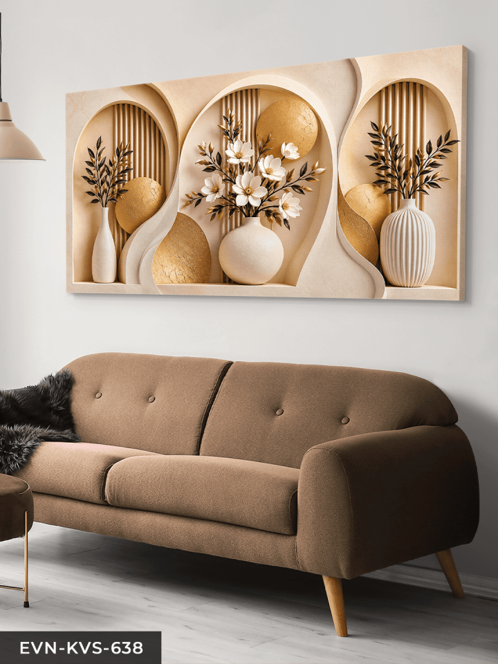 Gold Daireler ve Vazoda Beyaz Çiçek Tek Parça Kanvas - Canvas Tablo