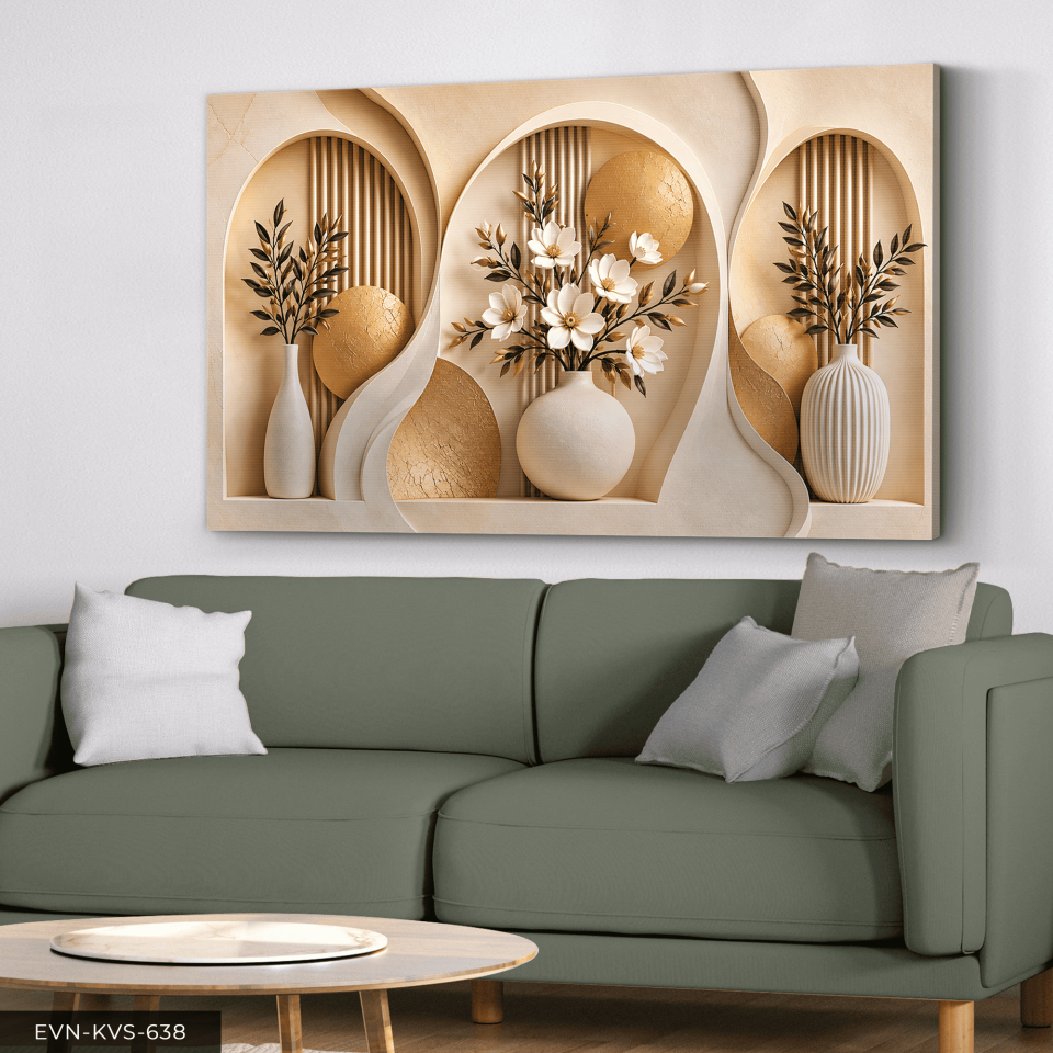 Gold Daireler ve Vazoda Beyaz Çiçek Tek Parça Kanvas - Canvas Tablo