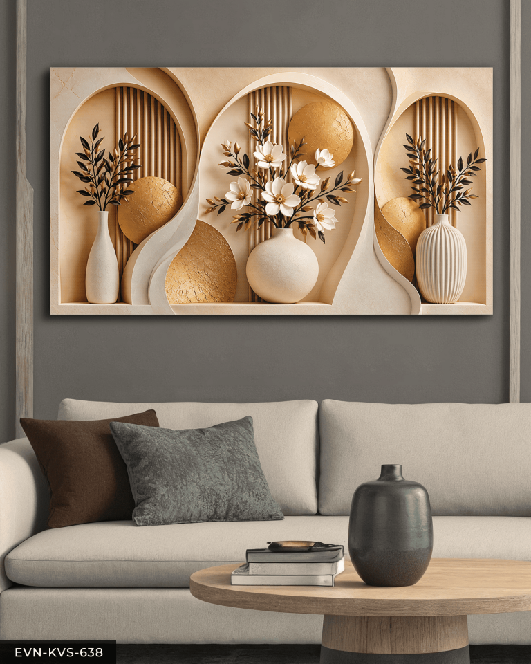 Gold Daireler ve Vazoda Beyaz Çiçek Tek Parça Kanvas - Canvas Tablo