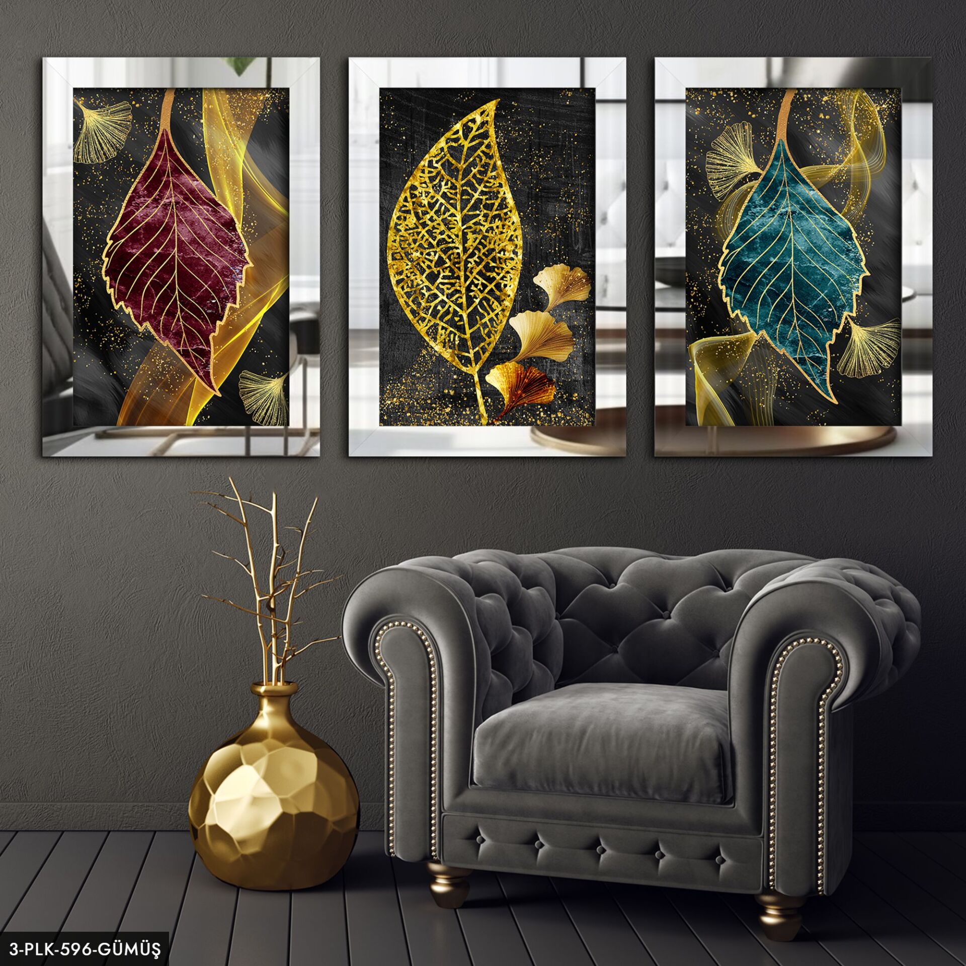 Soyut 3 Parça Pleksi Aynalı Tablo 40 x 60 CM - Gümüş