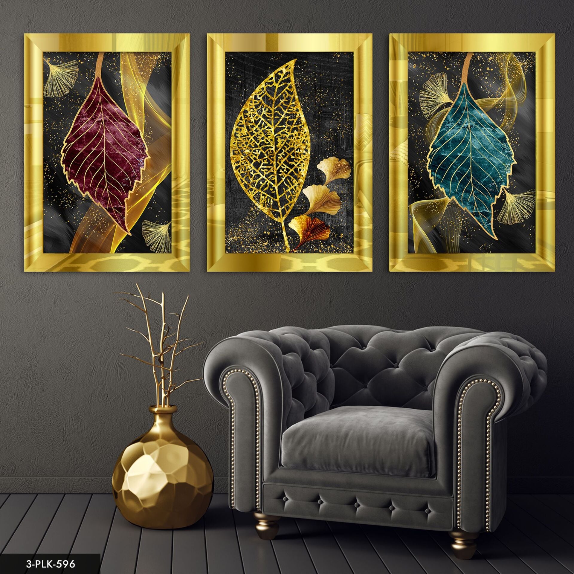 Soyut 3 Parça Pleksi Aynalı Tablo 40 x 60 CM - Gold