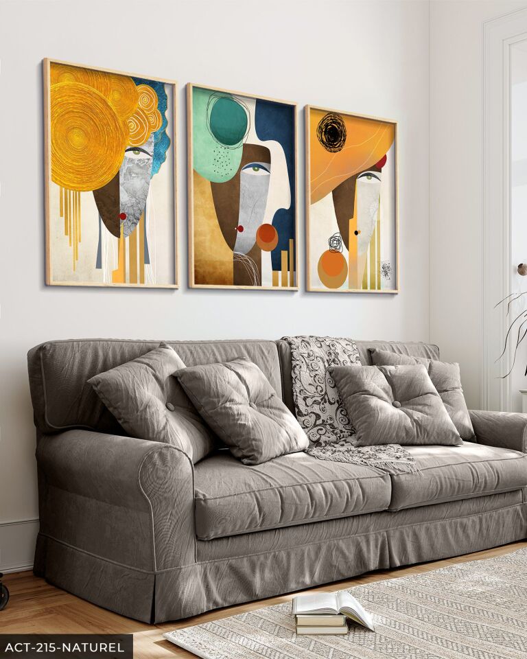 Soyut Sanat Portre 3 Parça Ahşap Çerçeveli Tablo ACT Naturel - 40 x 60 CM