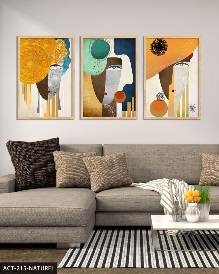 Soyut Sanat Portre 3 Parça Ahşap Çerçeveli Tablo ACT Naturel - 40 x 60 CM