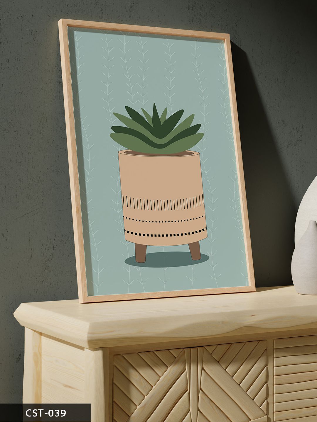 Vazoda Yeşil Çiçek Tek Parça Ahşap Çerçeveli Tablo Naturel - 20 x 30 CM