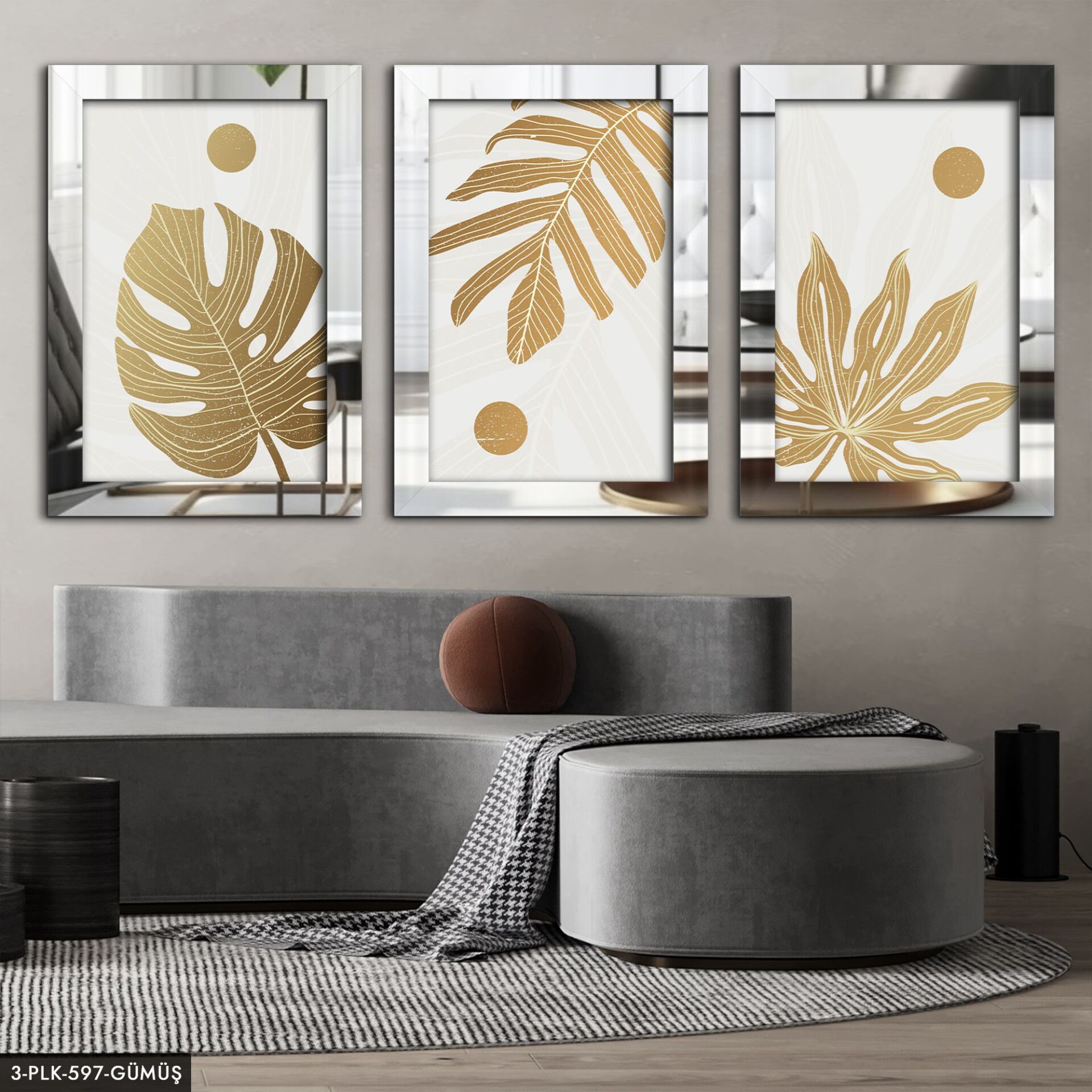 Yapraklar 3 Parça Pleksi Aynalı Tablo 40 x 60 CM - Gümüş