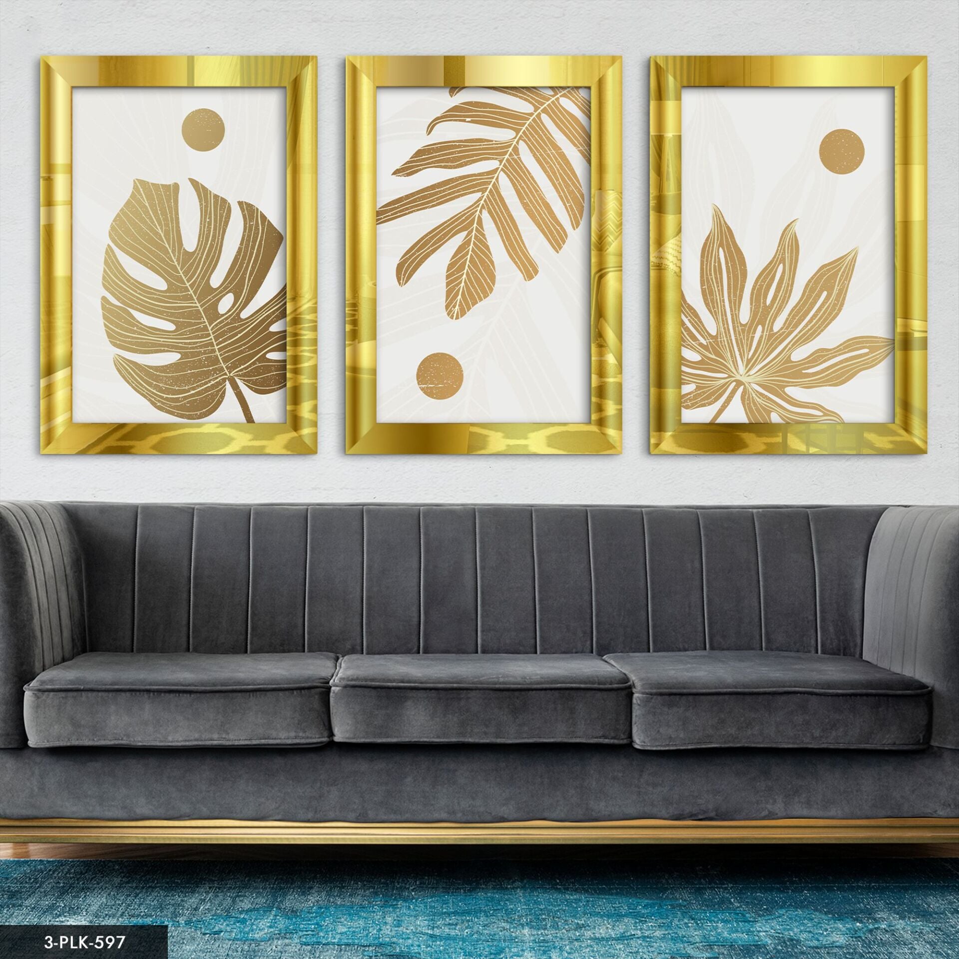 Yapraklar 3 Parça Pleksi Aynalı Tablo 40 x 60 CM - Gold