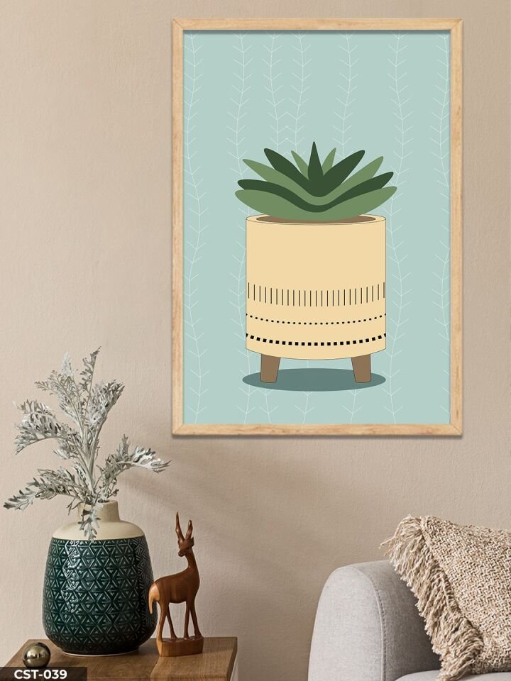 Vazoda Yeşil Çiçek Tek Parça Ahşap Çerçeveli Tablo Naturel - 20 x 30 CM