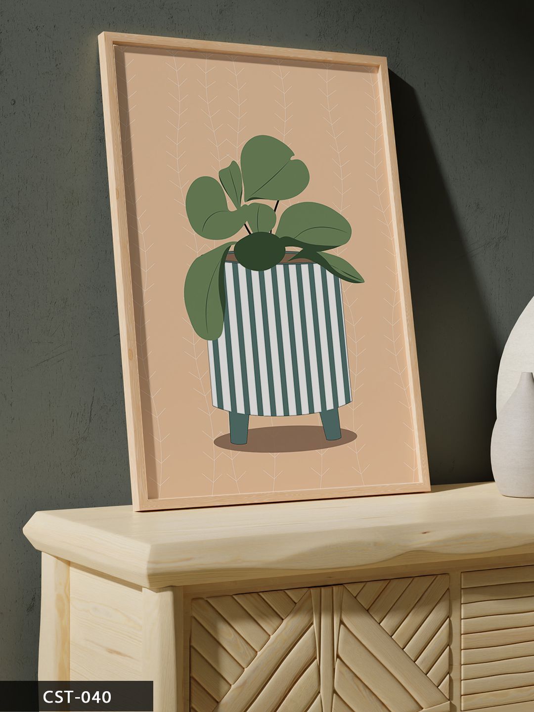 Vazoda Yeşil Çiçek Tek Parça Ahşap Çerçeveli Tablo Naturel - 20 x 30 CM