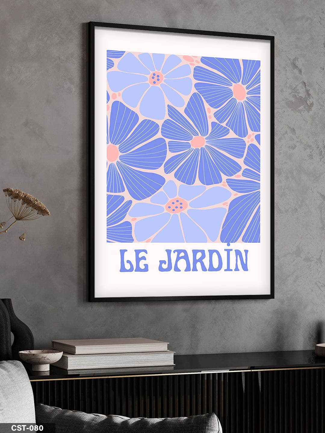 Mavi Çiçekli Le Jardin Yazılı Tek Parça Ahşap Çerçeveli Tablo Siyah - 30 x 40 CM