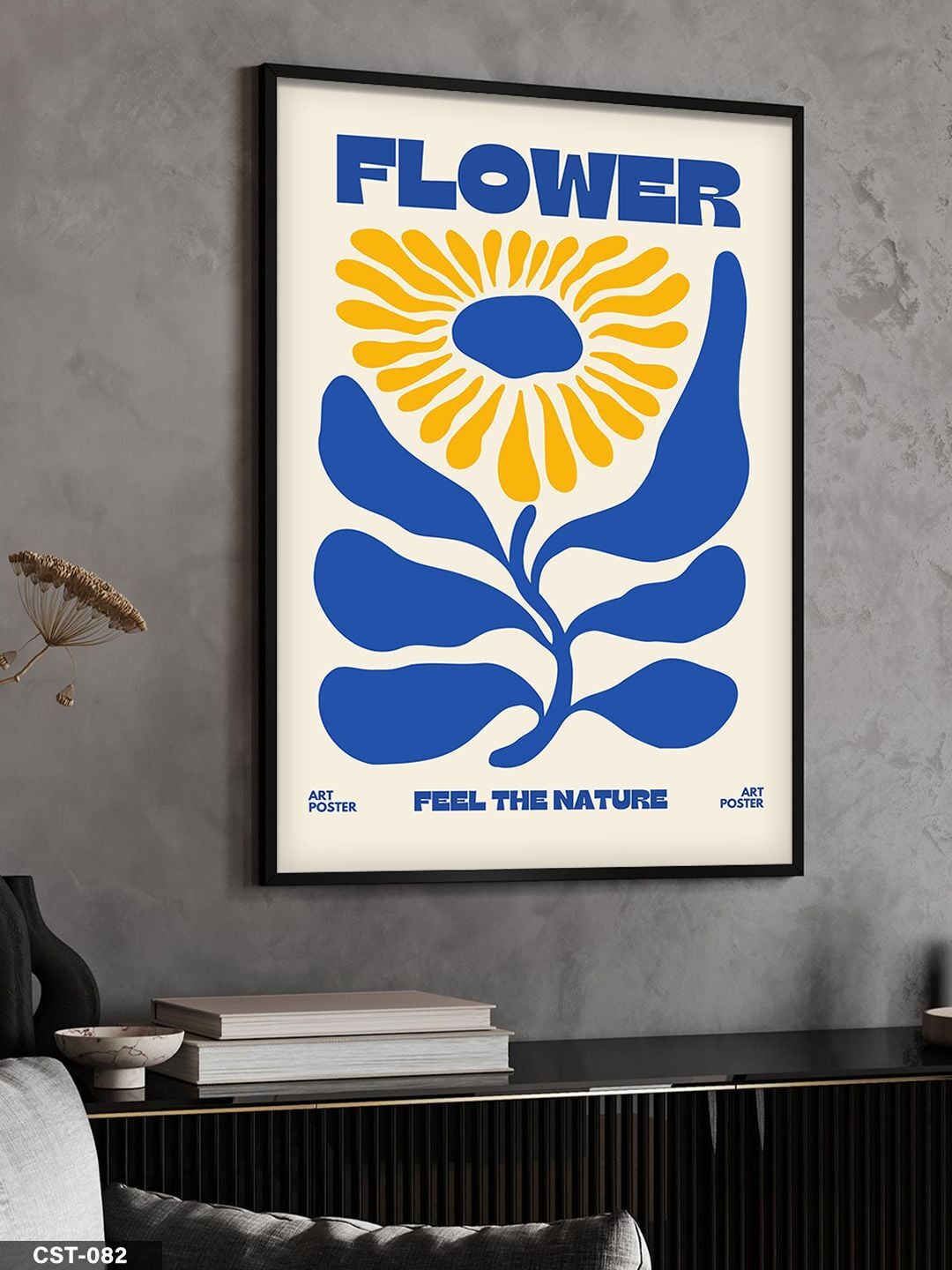 Sarı Çiçekli Flower Yazılı Tek Parça Ahşap Çerçeveli Tablo Siyah - 30 x 40 CM