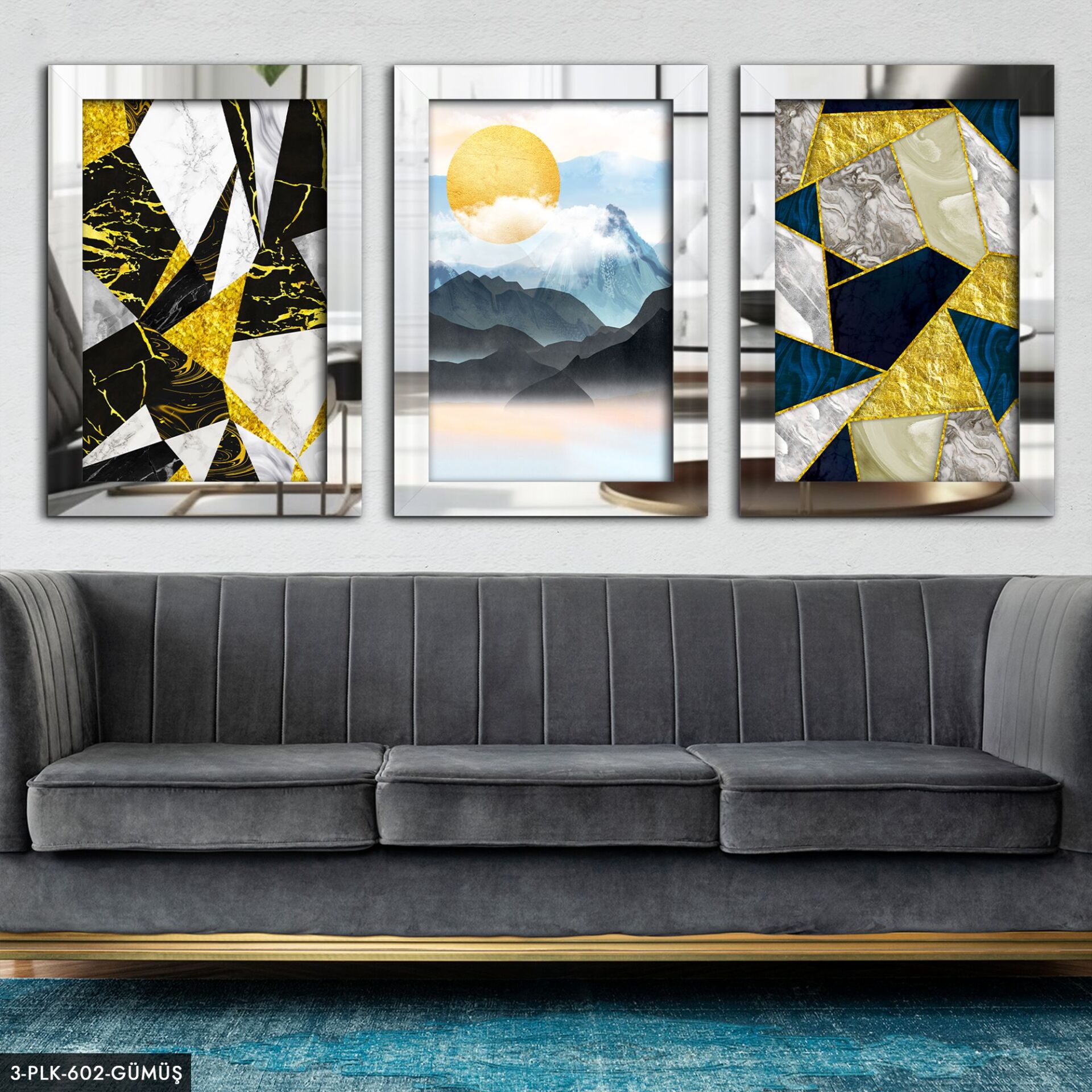 Soyut 3 Parça Pleksi Aynalı Tablo 40 x 60 CM - Gümüş