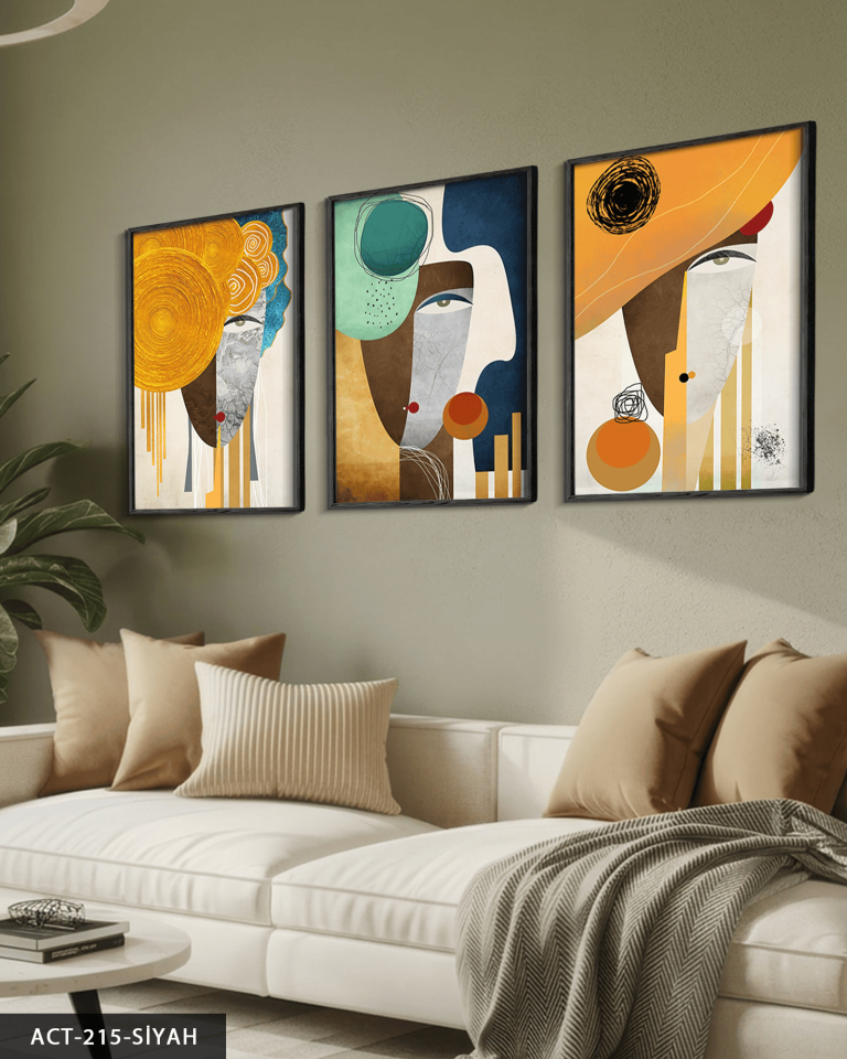 Soyut Sanat Portre 3 Parça Ahşap Çerçeveli Tablo ACT Siyah - 50 x 70 CM