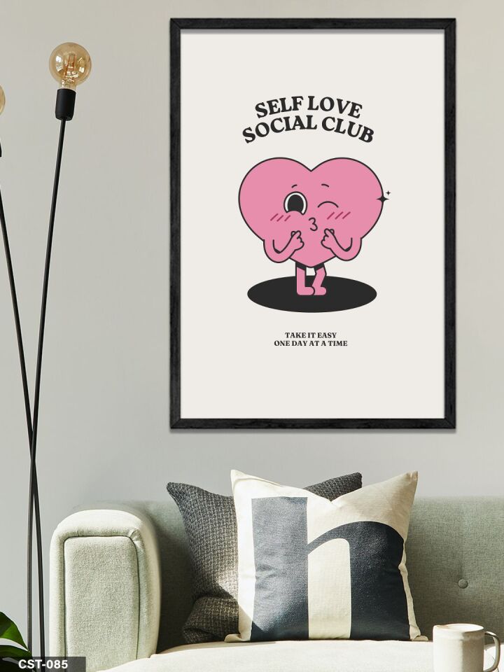 Pembe Karakter illüstrasyon Self Love Social Club Tek Parça Ahşap Çerçeveli Tablo Siyah - 30 x 40 CM