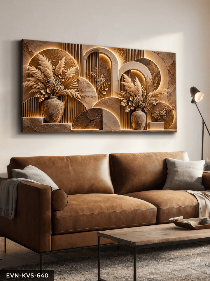 Boho Tarzda Kahve Bitkiler Tek Parça Işıksız Kanvas - Canvas Tablo