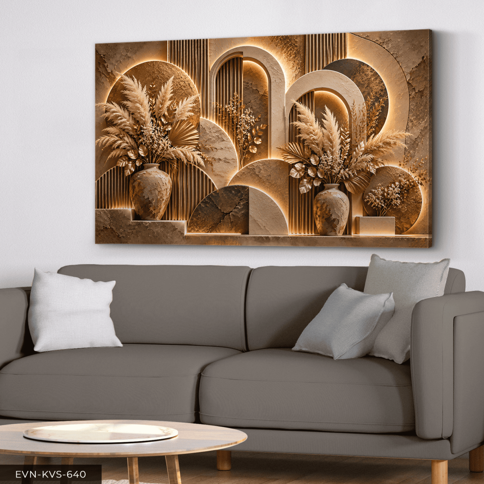 Boho Tarzda Kahve Bitkiler Tek Parça Işıksız Kanvas - Canvas Tablo