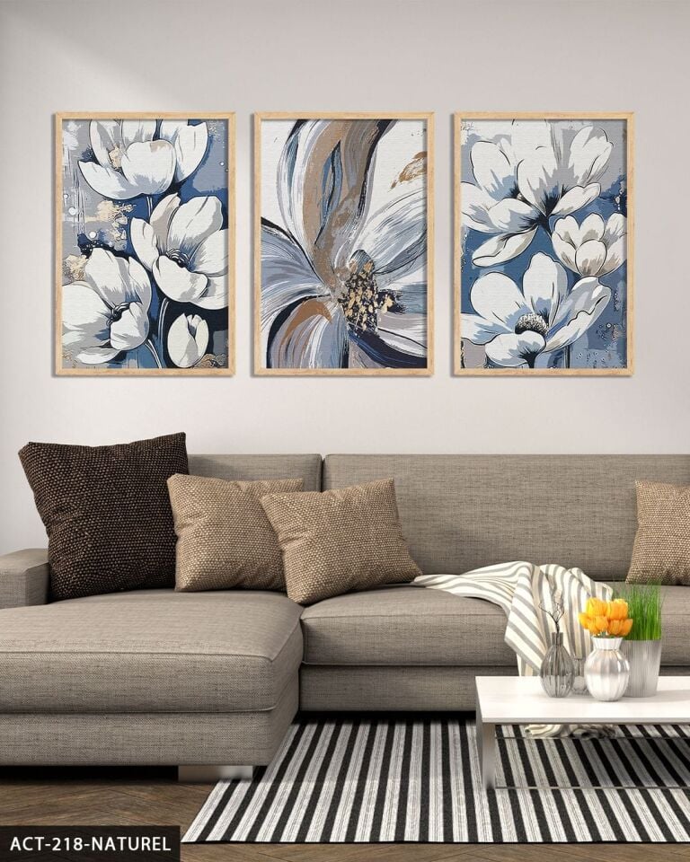 Yağlı Boya Görünümlü Çiçekler 3 Parça Ahşap Çerçeveli Tablo ACT Naturel - 20 x 30 CM