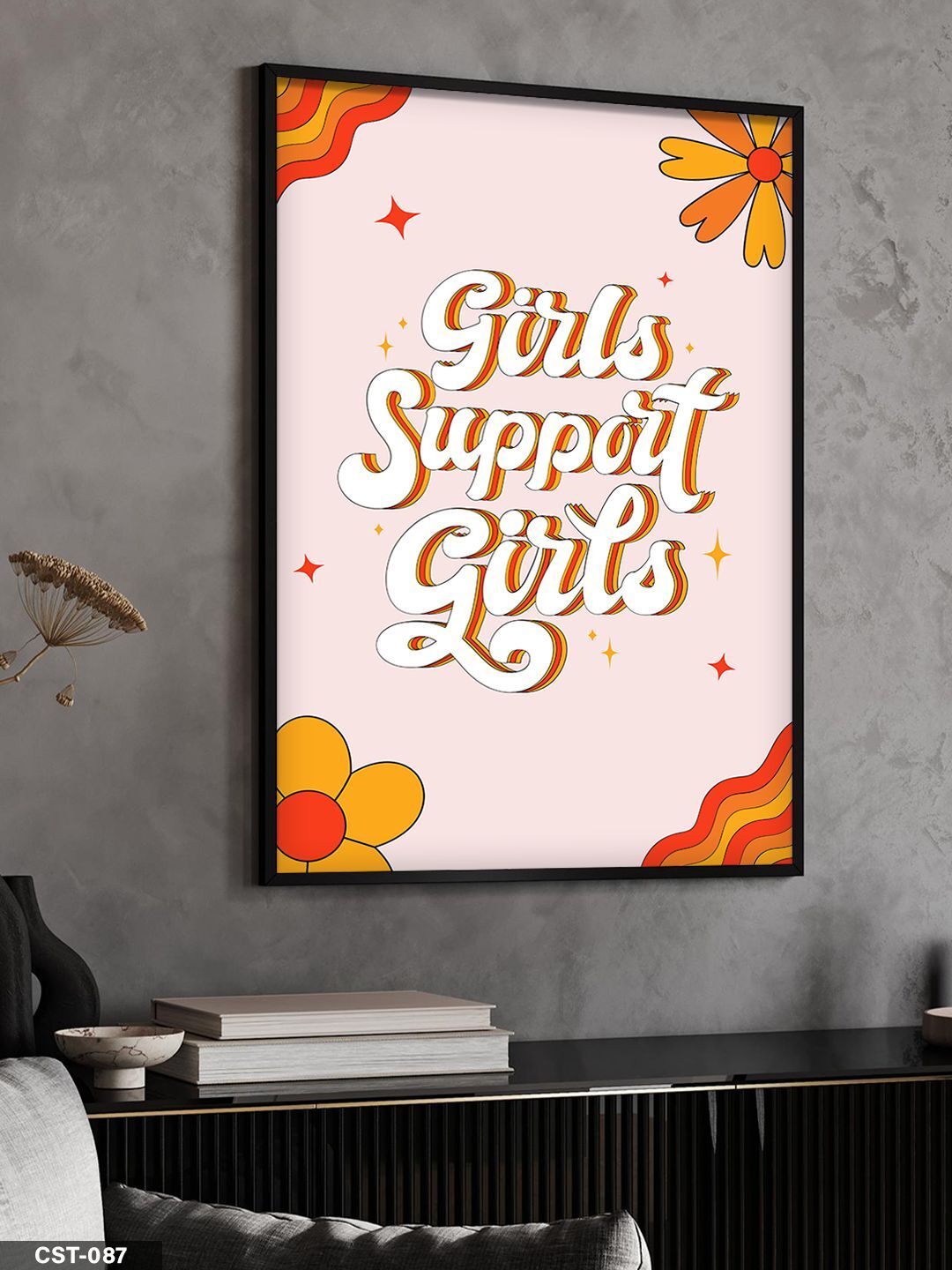Turuncu Fonlu Girls Support Girls Yazılı Tek Parça Ahşap Çerçeveli Tablo Siyah - 30 x 40 CM