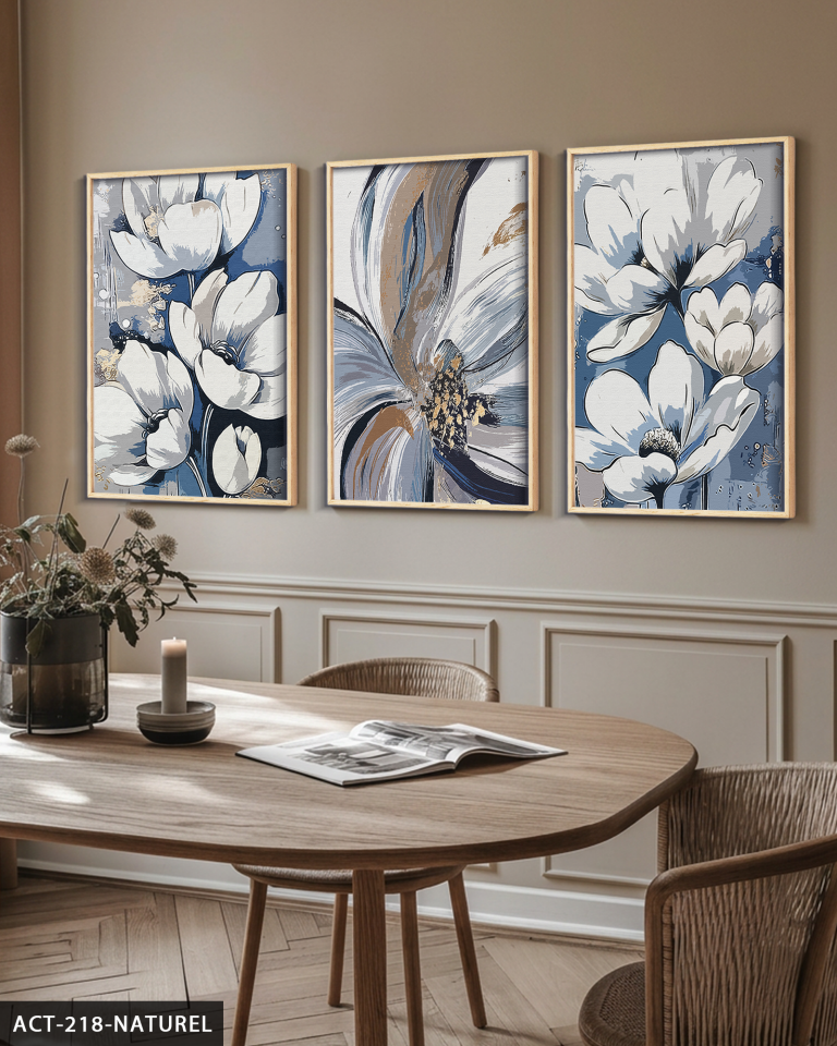 Yağlı Boya Görünümlü Çiçekler 3 Parça Ahşap Çerçeveli Tablo ACT Naturel - 40 x 60 CM