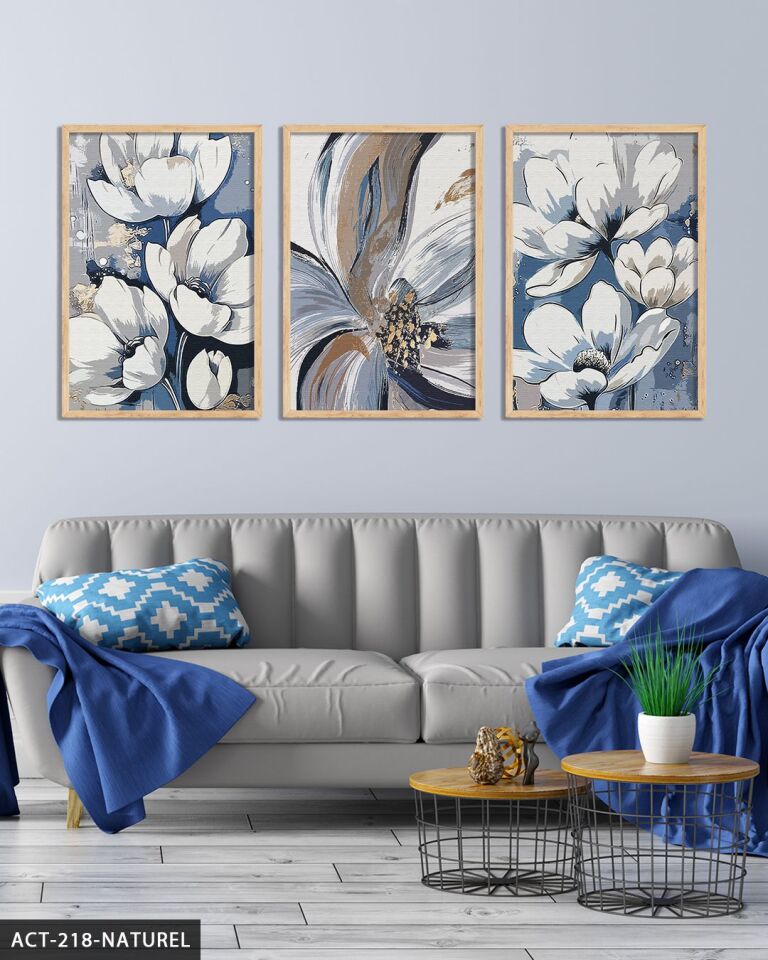 Yağlı Boya Görünümlü Çiçekler 3 Parça Ahşap Çerçeveli Tablo ACT Naturel - 40 x 60 CM