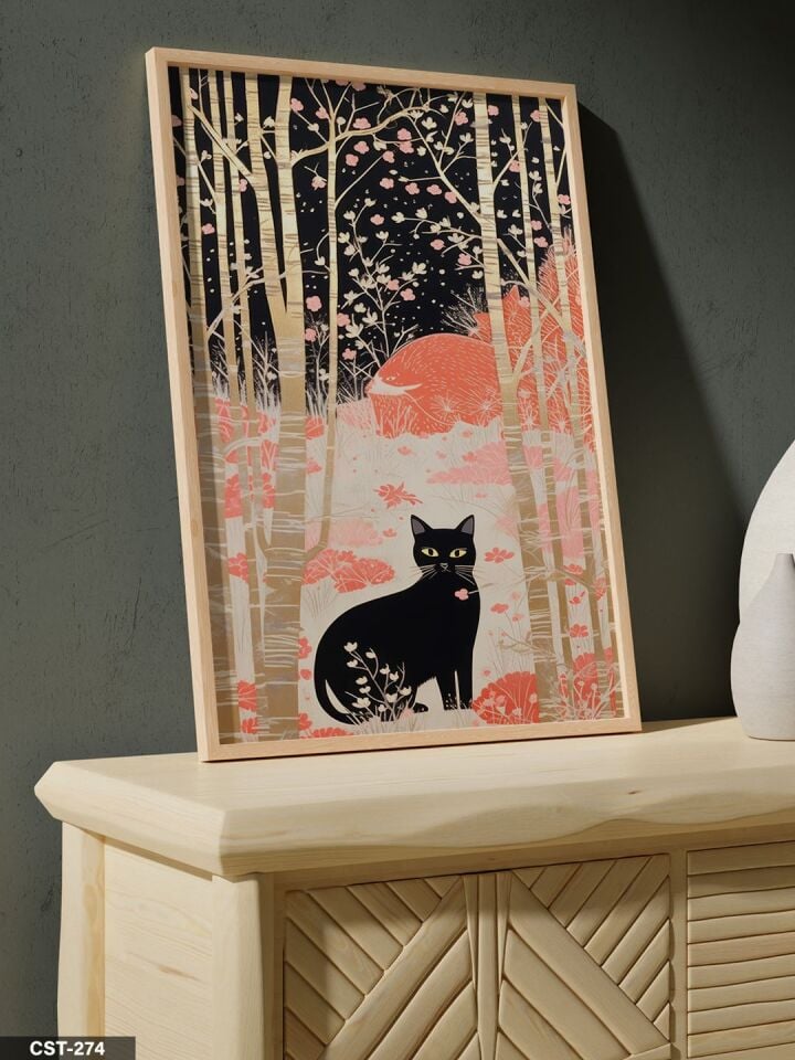 Kara Kedi Tek Parça Ahşap Çerçeveli Tablo Naturel - 50 x 70 CM