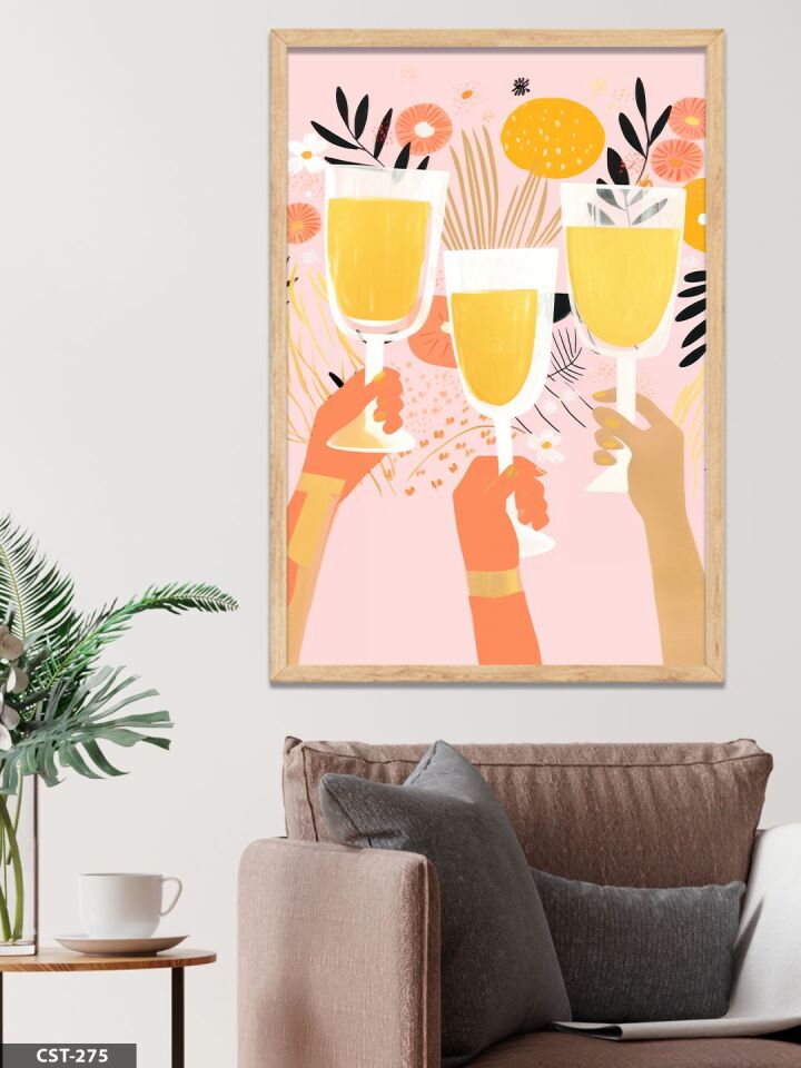 Kadehler kokteyl Tek Parça Ahşap Çerçeveli Tablo Naturel - 50 x 70 CM