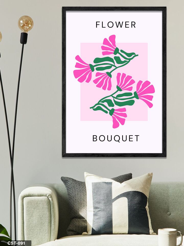 Pembe Çiçek illüstrasyon Flower Bouquet Yazılı Tek Parça Ahşap Çerçeveli Tablo Siyah - 30 x 40 CM