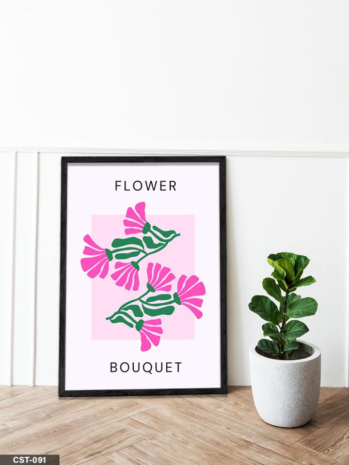 Pembe Çiçek illüstrasyon Flower Bouquet Yazılı Tek Parça Ahşap Çerçeveli Tablo Siyah - 30 x 40 CM