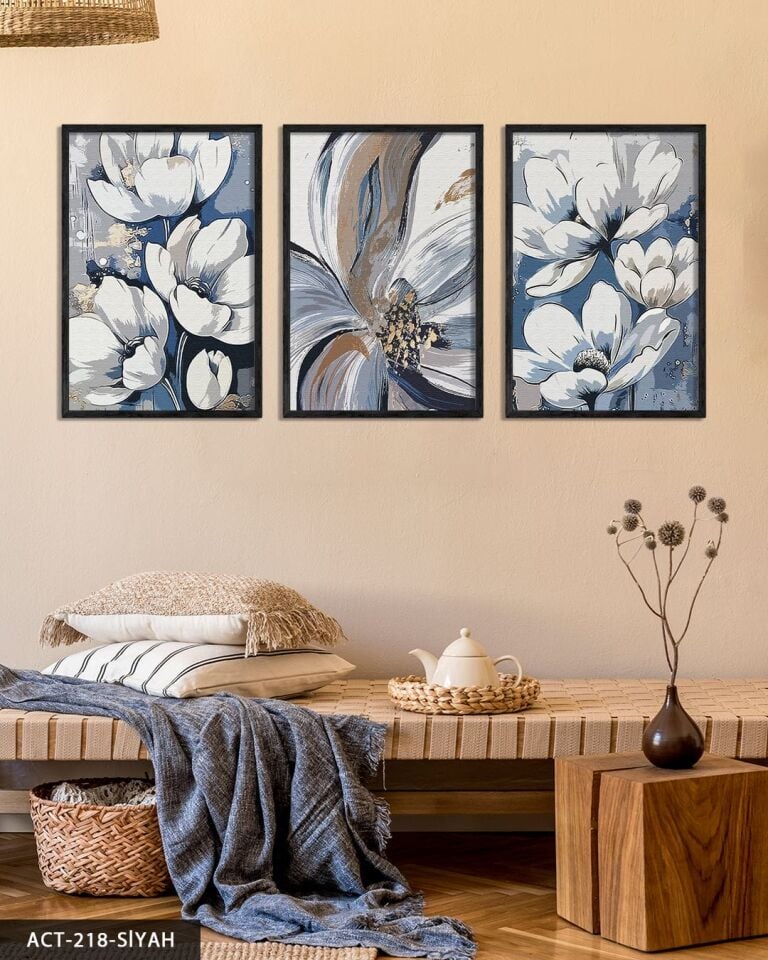 Yağlı Boya Görünümlü Çiçekler 3 Parça Ahşap Çerçeveli Tablo ACT Siyah - 20 x 30 CM