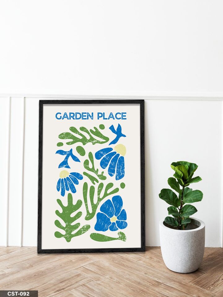 Mavi-yeşil Çiçekli Garden Place Yazılı Tek Parça Ahşap Çerçeveli Tablo Siyah - 30 x 40 CM