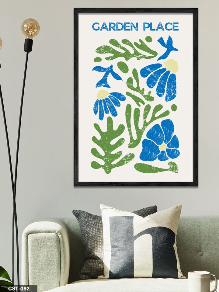 Mavi-yeşil Çiçekli Garden Place Yazılı Tek Parça Ahşap Çerçeveli Tablo Siyah - 30 x 40 CM