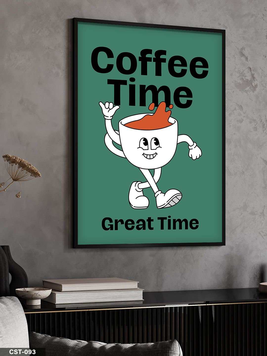 Yeşil Fonlu Coffee Time Yazılı illüstrasyon Tek Parça Ahşap Çerçeveli Tablo Siyah - 30 x 40 CM