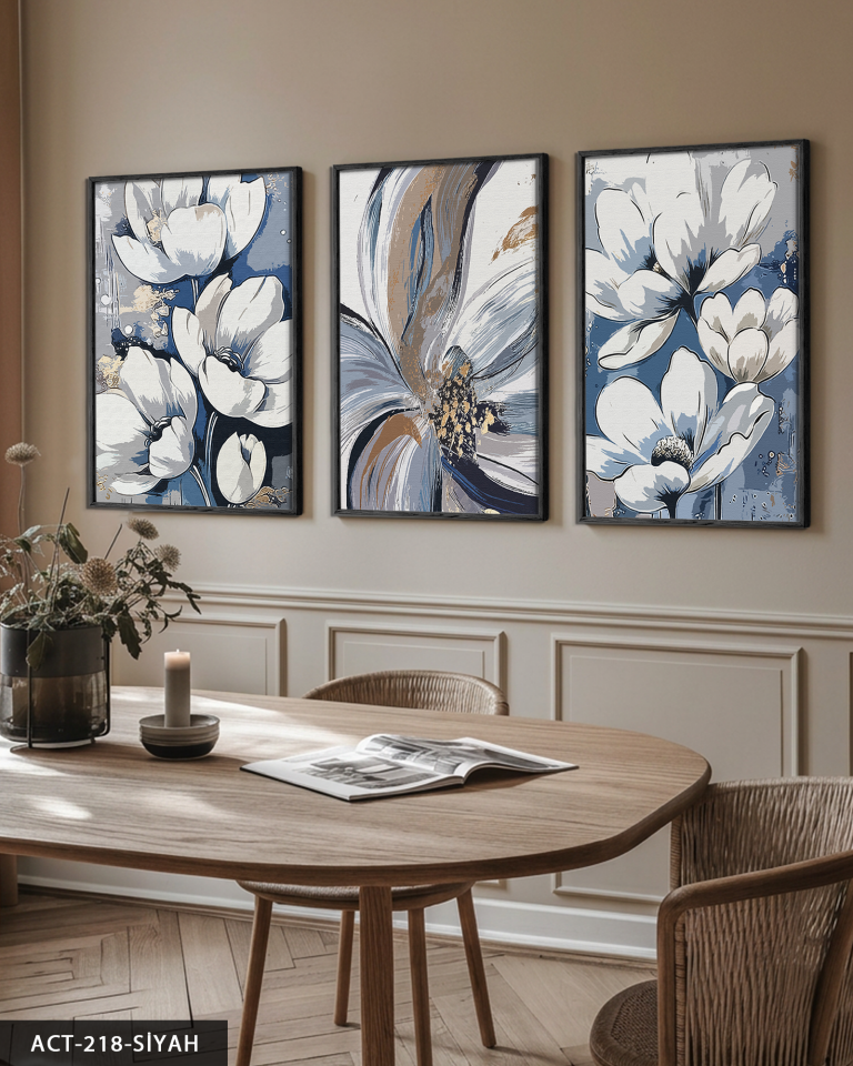 Yağlı Boya Görünümlü Çiçekler 3 Parça Ahşap Çerçeveli Tablo ACT Siyah - 40 x 60 CM