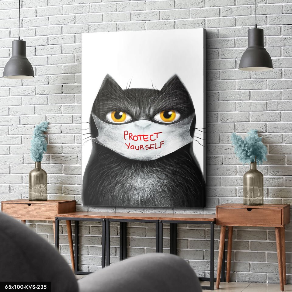 Maskeli Kedi Kanvas - Canvas Tablo 40 x 30 CM - Çok Renkli