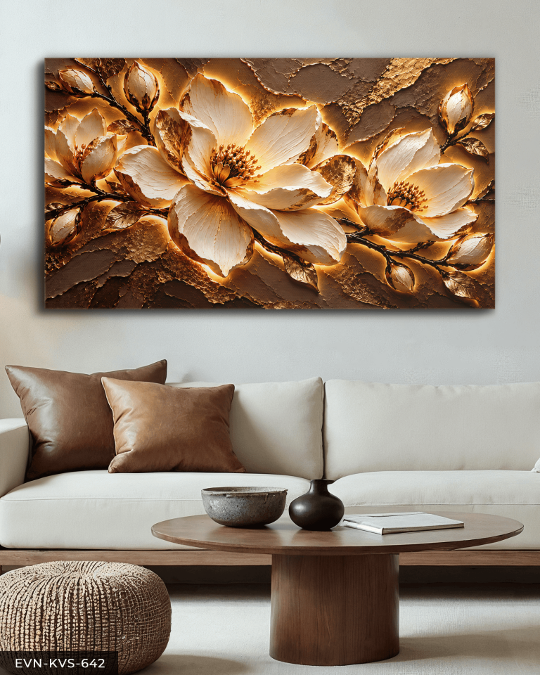 Kahve Dokulu Görünüm Beyaz Çiçek Tek Parça Işıksız Kanvas - Canvas Tablo