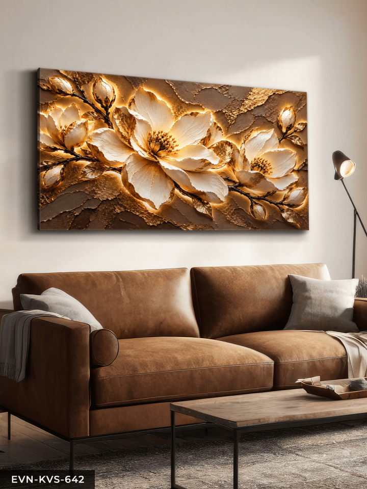 Kahve Dokulu Görünüm Beyaz Çiçek Tek Parça Işıksız Kanvas - Canvas Tablo