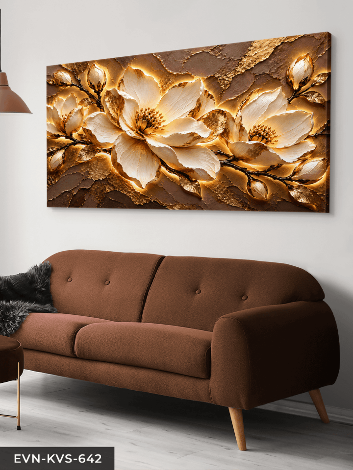 Kahve Dokulu Görünüm Beyaz Çiçek Tek Parça Işıksız Kanvas - Canvas Tablo
