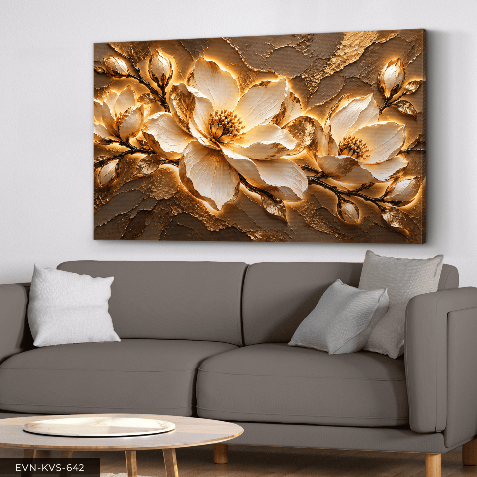 Kahve Dokulu Görünüm Beyaz Çiçek Tek Parça Işıksız Kanvas - Canvas Tablo