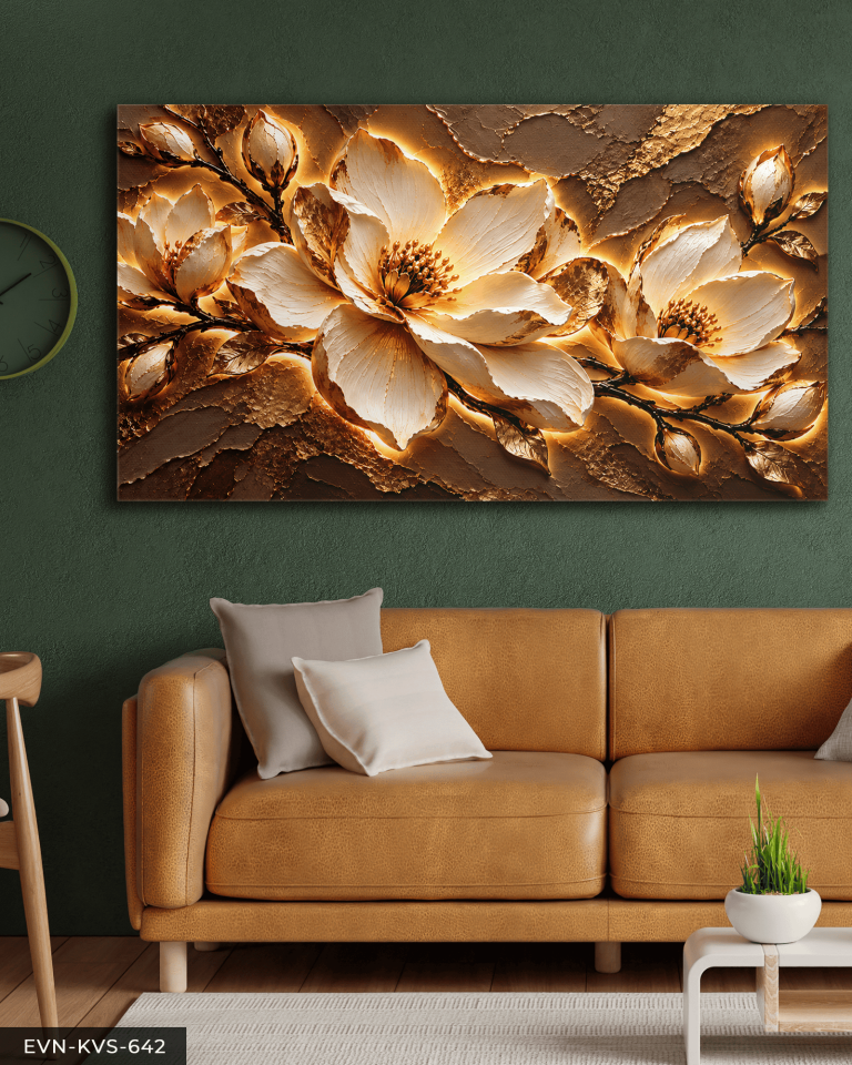 Kahve Dokulu Görünüm Beyaz Çiçek Tek Parça Işıksız Kanvas - Canvas Tablo