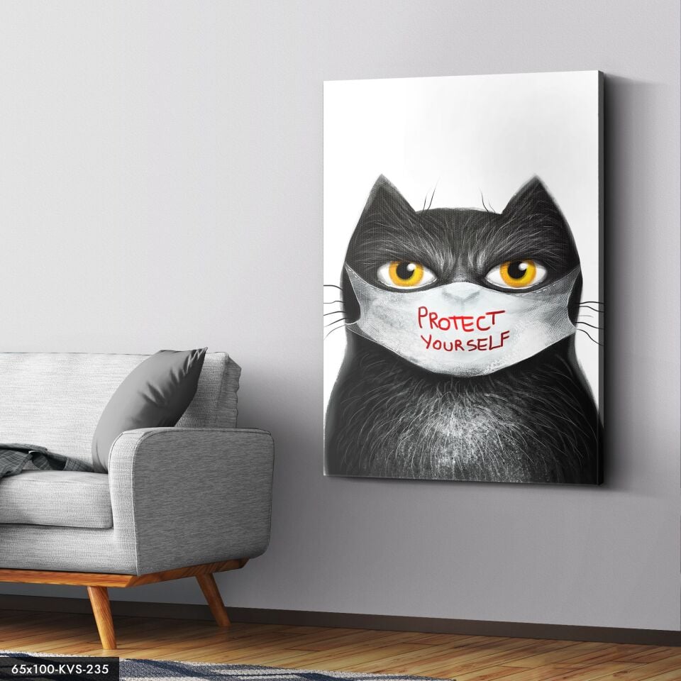 Maskeli Kedi Kanvas - Canvas Tablo 40 x 30 CM - Çok Renkli