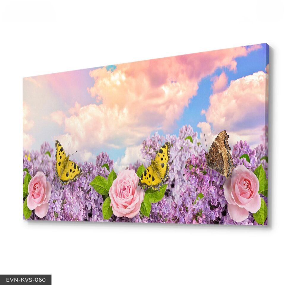 Pembe Çiçek Ve Kelebekler Tek Parça Kanvas Canvas Tablo Tablo