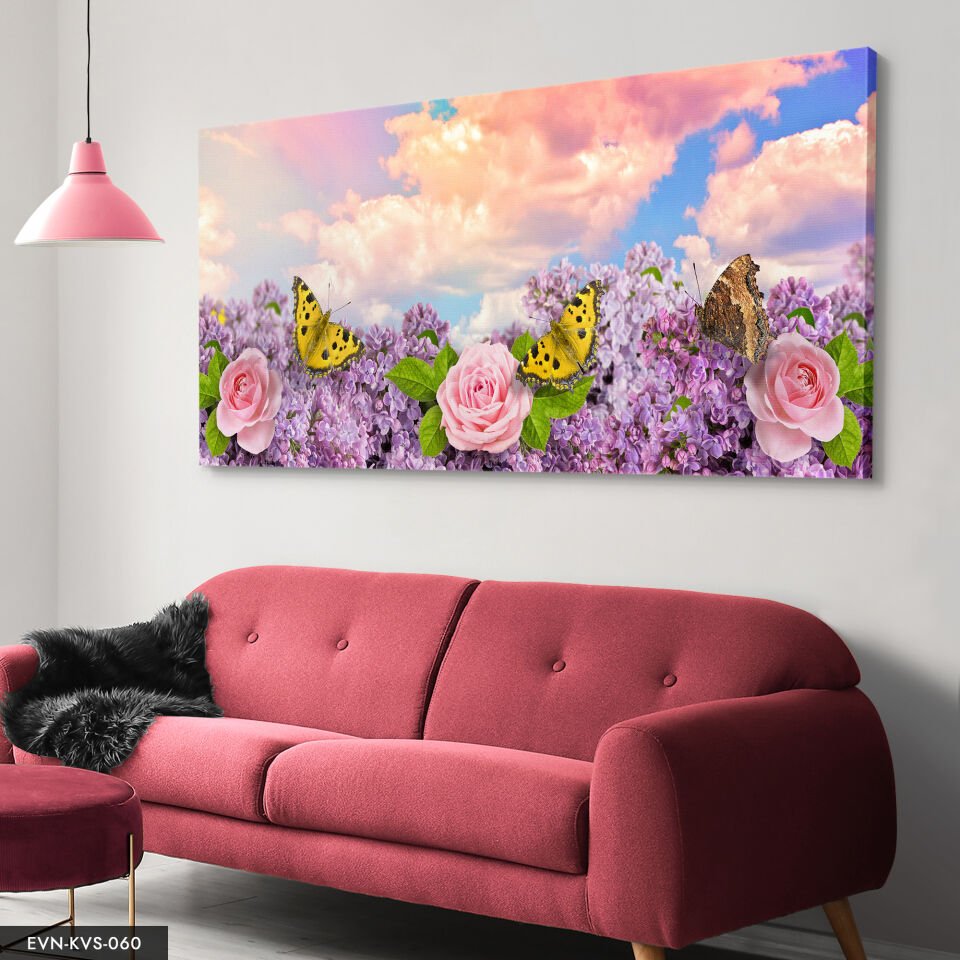 Pembe Çiçek Ve Kelebekler Tek Parça Kanvas Canvas Tablo Tablo