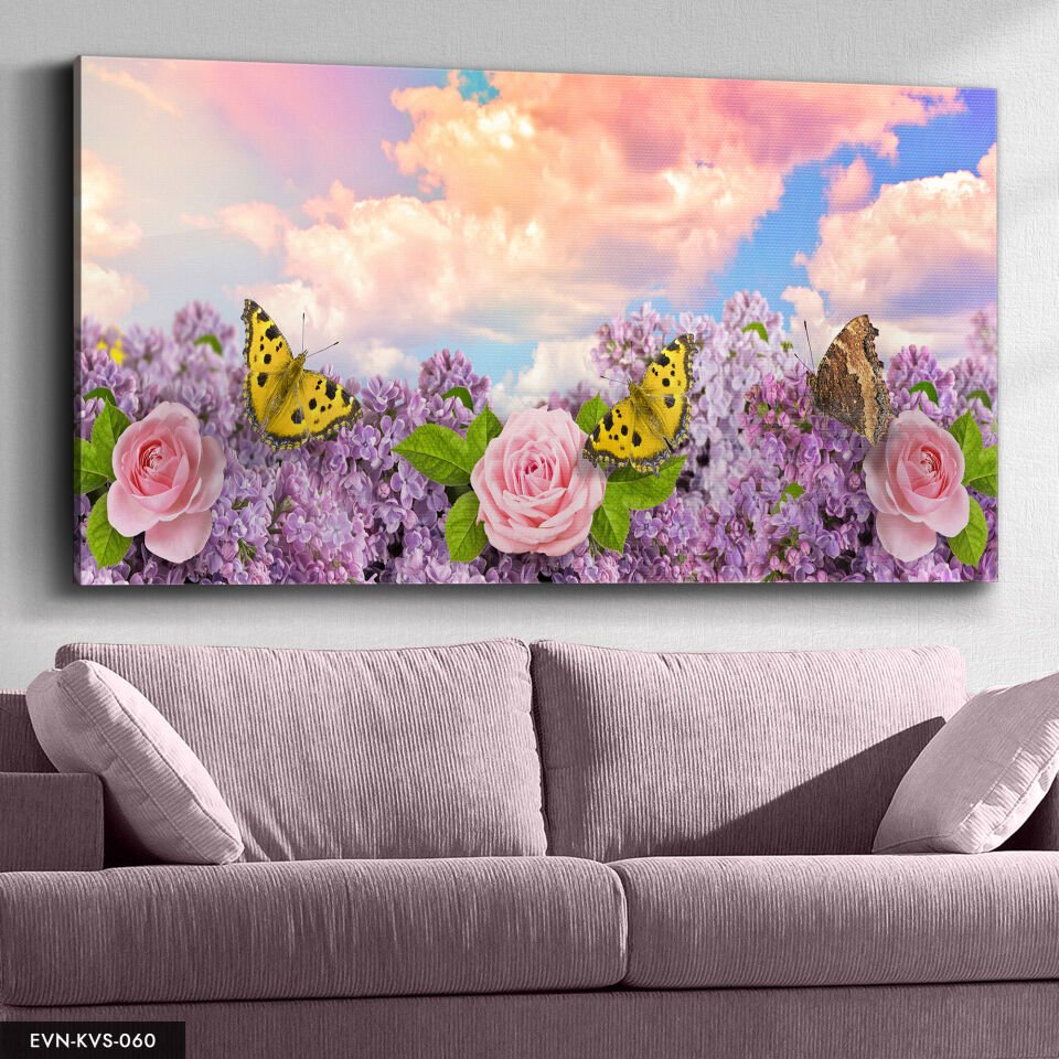Pembe Çiçek Ve Kelebekler Tek Parça Kanvas Canvas Tablo Tablo