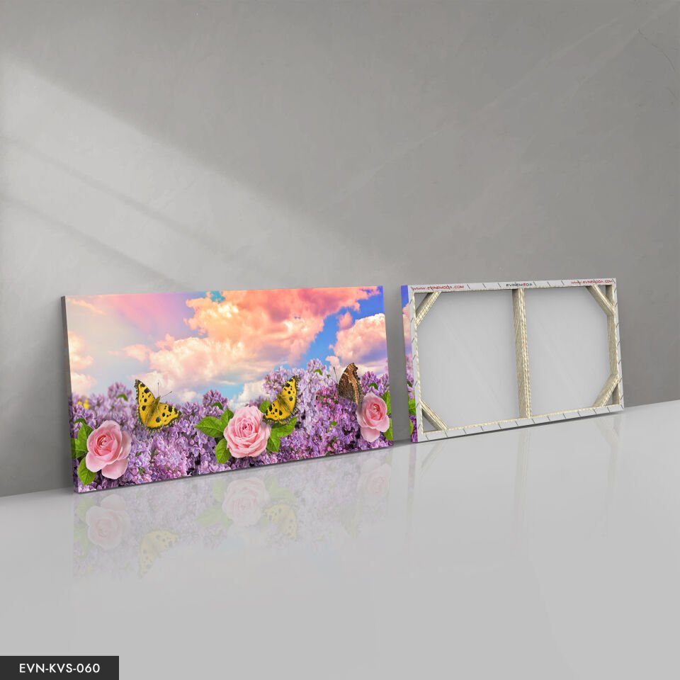 Pembe Çiçek Ve Kelebekler Tek Parça Kanvas Canvas Tablo Tablo