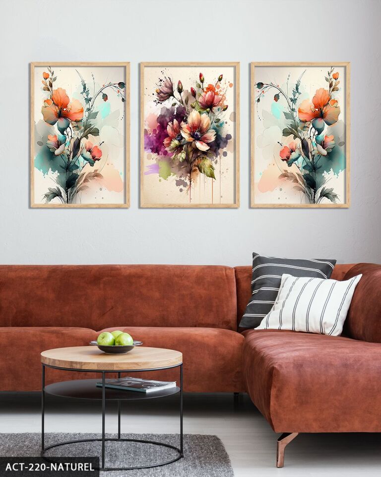 Sulu Boya Görünümlü Renkli Çiçekler 3 Parça Ahşap Çerçeveli Tablo ACT Naturel - 30 x 40 CM