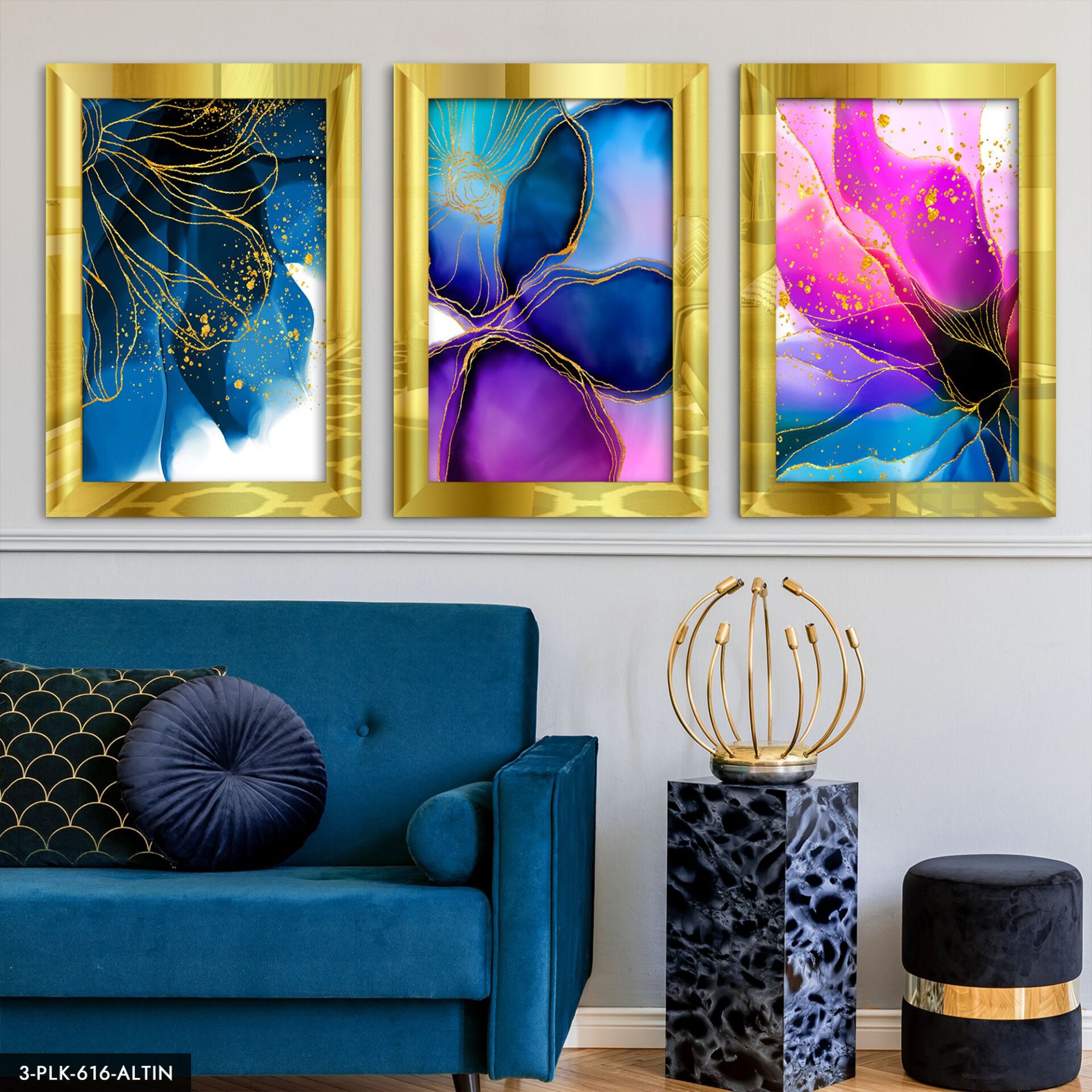 Renkli Çiçekler Gold Parıltılı 3 Parça Pleksi Aynalı Tablo 40 x 60 CM - Gold