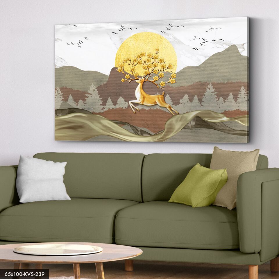 Gold Geyik Kanvas - Canvas Tablo 40 x 30 CM - Çok Renkli