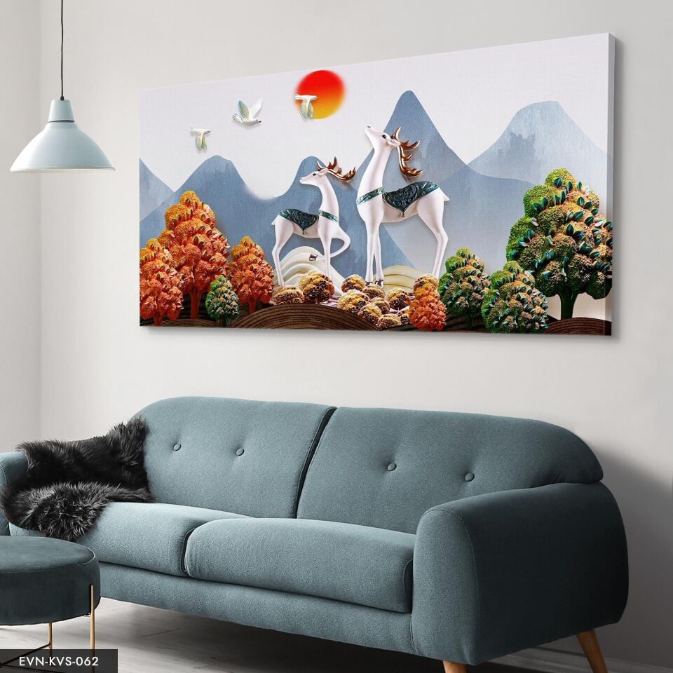 Göğe Bakan Geyikler Tek Parça Kanvas Canvas Tablo Tablo 40 x 30 CM - Çok Renkli