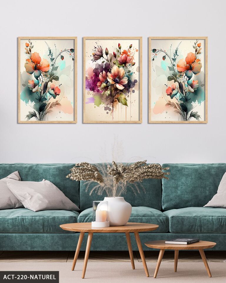 Sulu Boya Görünümlü Renkli Çiçekler 3 Parça Ahşap Çerçeveli Tablo ACT Naturel - 40 x 60 CM